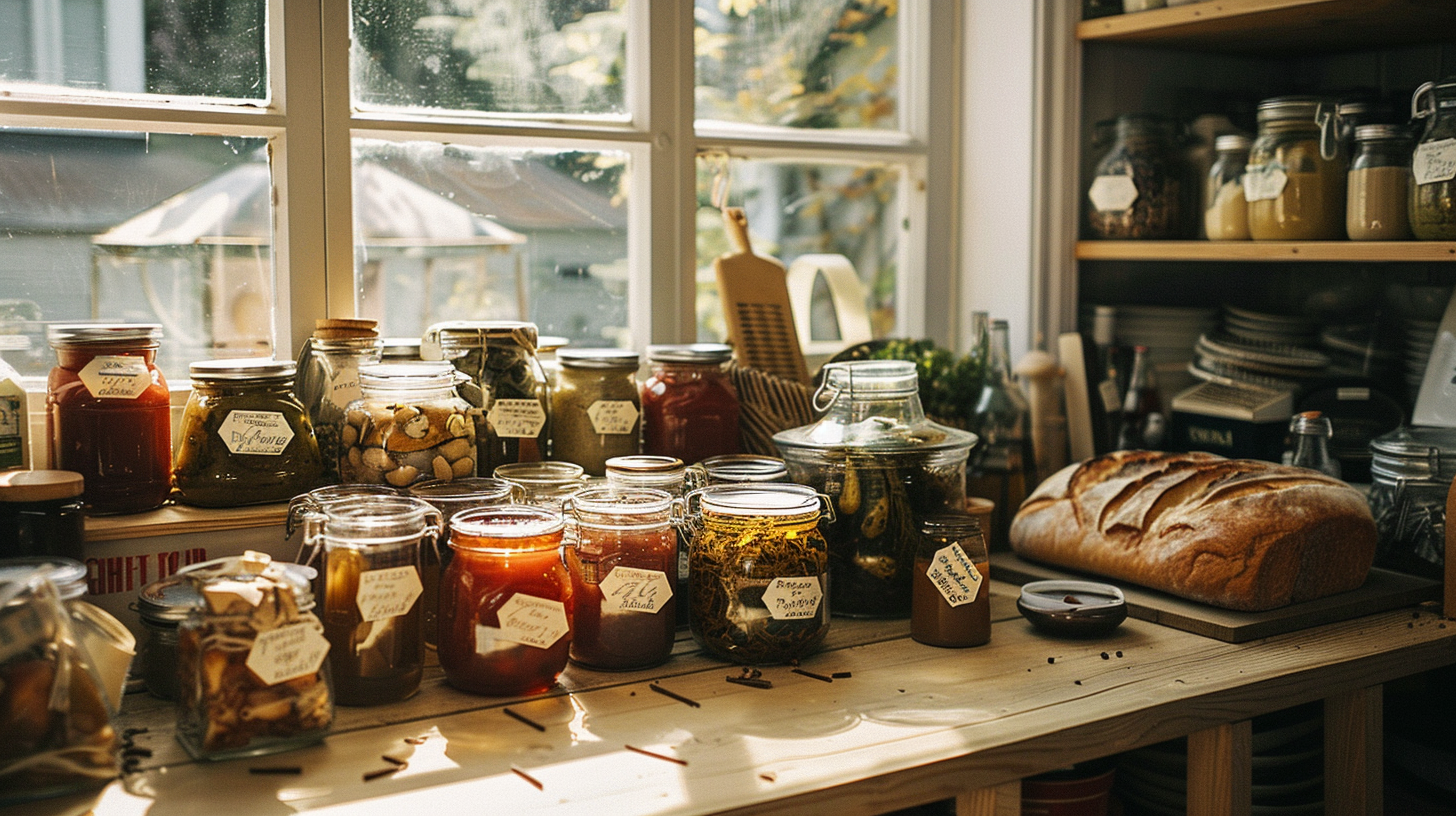Rustic kitchen counter covered in homemade preserves, jars of jam and pickles, a fresh sourdough loaf, dried herbs with handwritten labels