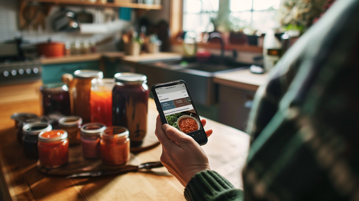Overhead flat lay of homemade food items ready to share: jars of jam, a loaf of bread, dried herbs, handwritten note on a worn wooden surface