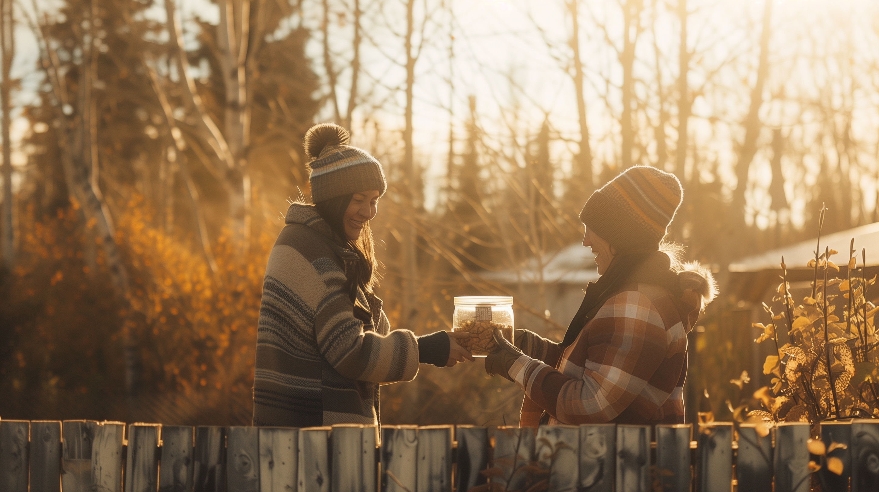Two attractive neighbors exchanging homemade food jars across a fence in Fairbanks Alaska, one person part Alaska Native, warm golden light, birch trees in background